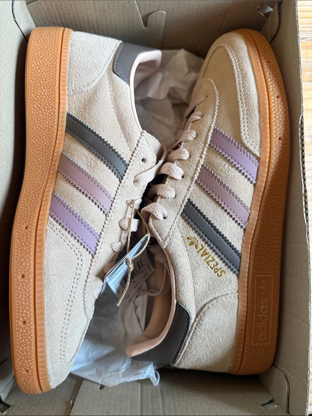 adidas Handball Spezial Suede Sneaker in Beige with Pink & Gray Stripes